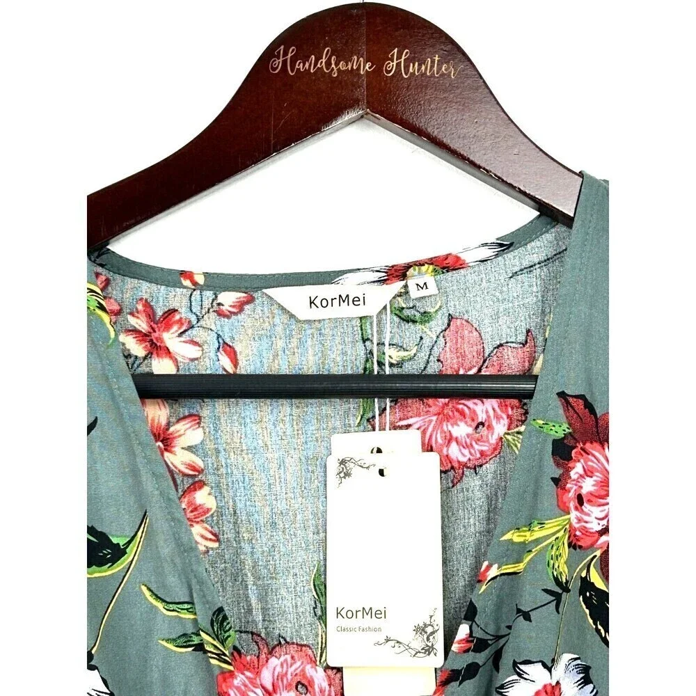 New KorMei Women M Maxi Dress Blue V Neck Short Sleeve Floral High Low Flowy R - Picture 10 of 13